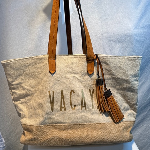 Vacay Handbags - Canvas 'VACAY' Tote with Tan Leather Handles